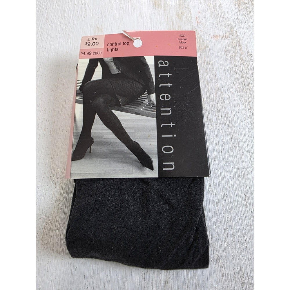 Attention Opaque Black Control Top Tights Size D Vintage Kmart New 6XG Hosiery